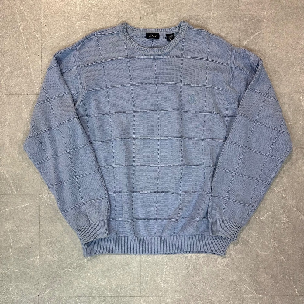IZOD Mens XL Light Blue Textured Grid Knit Cotton Crewneck Sweater 3784